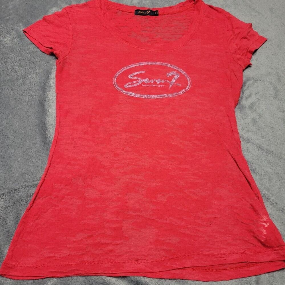 Seven Shirt Women Small Red Burn Out Scoop Neck Glitter Logo Comfort Stretch Tee